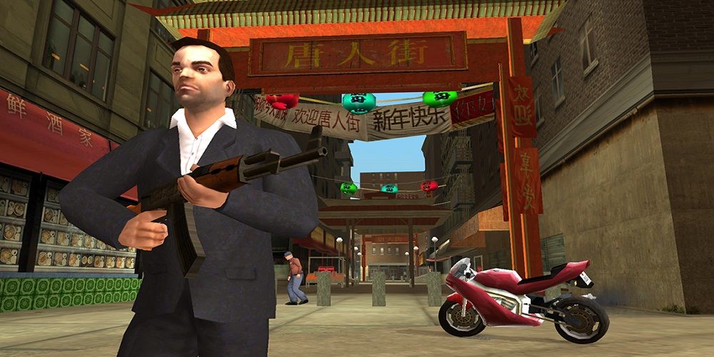 Toni Cipriani with a gun in hand and a motorbike