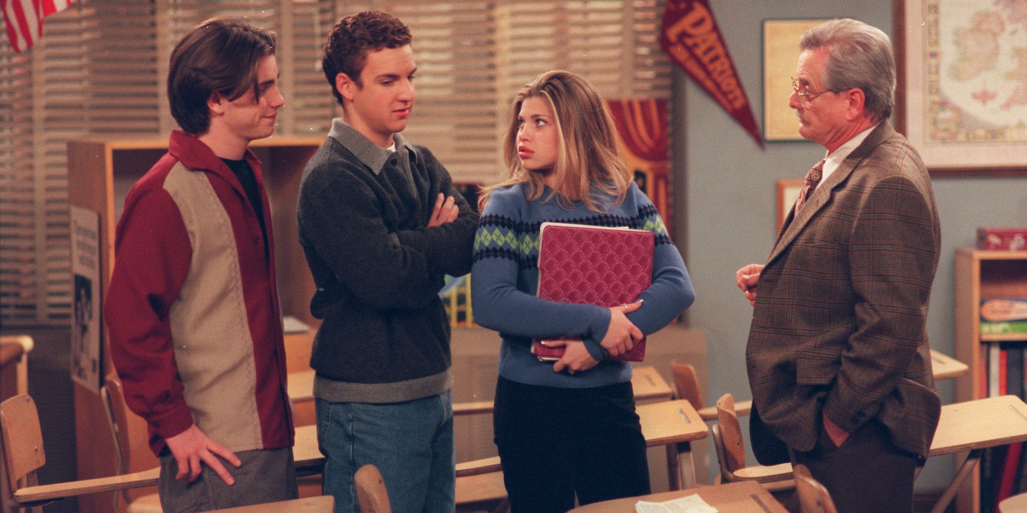 Boys Meets World Shot Of Shaun, Cory, and Topanga With Mr. Feeny
