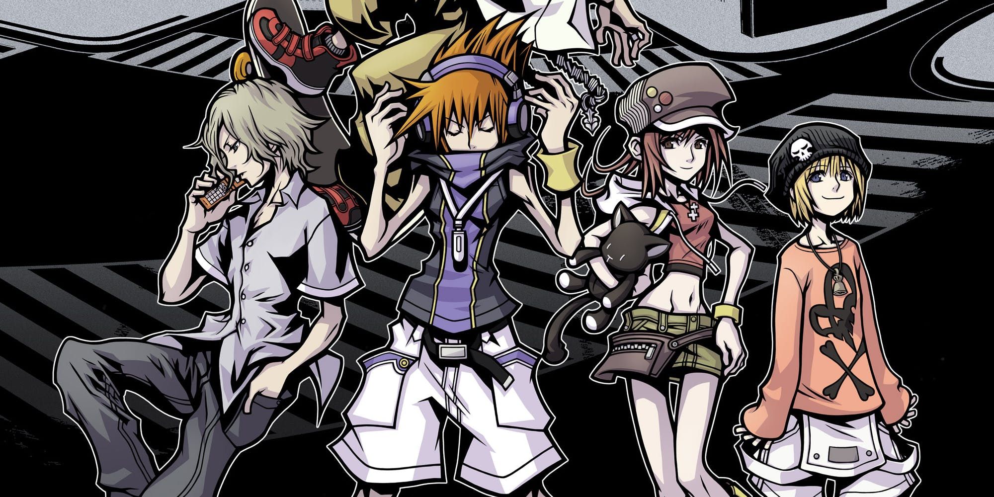 The World Ends With You official art showing Joshua, Neku, Shiki, and Rhyme