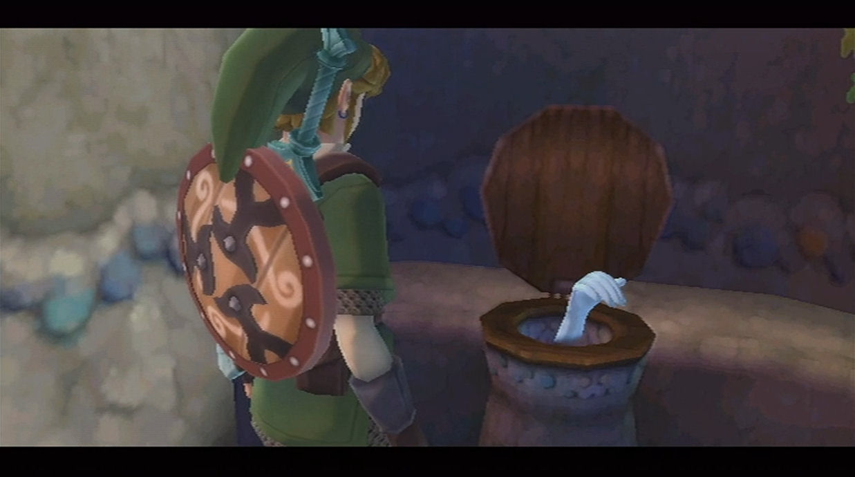 Skyward Sword Link standing by toilet with ghostly hand sticking out