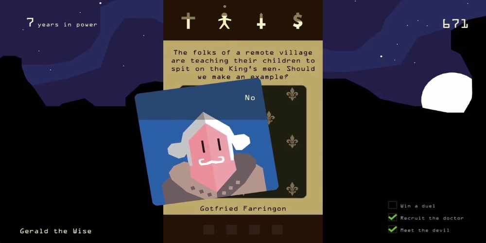 A card being swiped to the left in Reigns