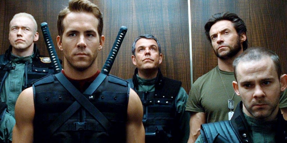 Five members of Team X standing in an elevator in X-Men Origins Wolverine.