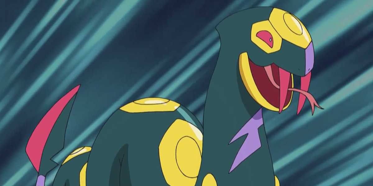 Seviper attacking an unknown foe at an oddly high speed in the Pokemon anime