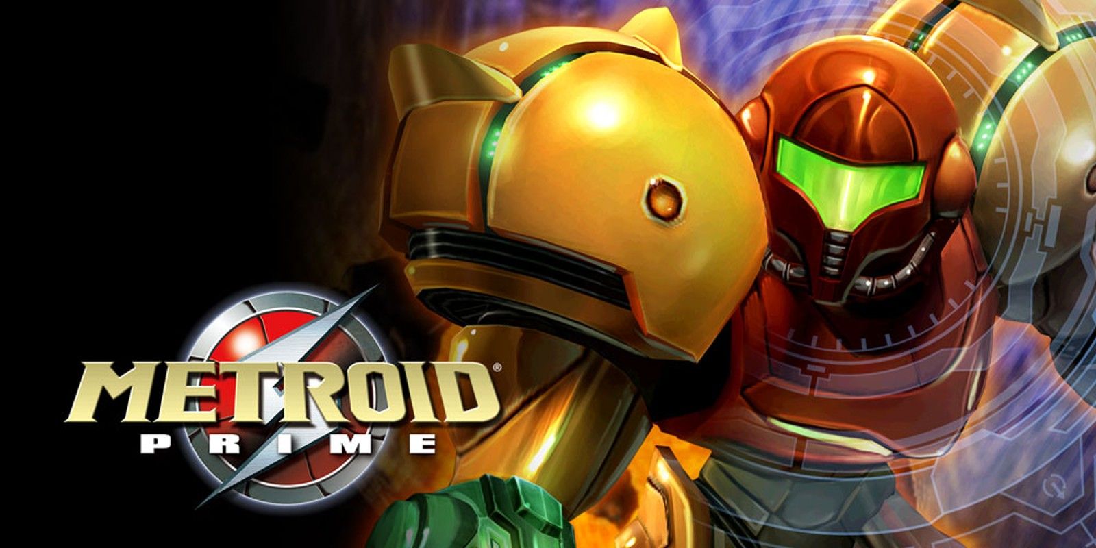 Samus Metroid Prime Promotional Art featuring Samus Aran and Metroid Prime logo