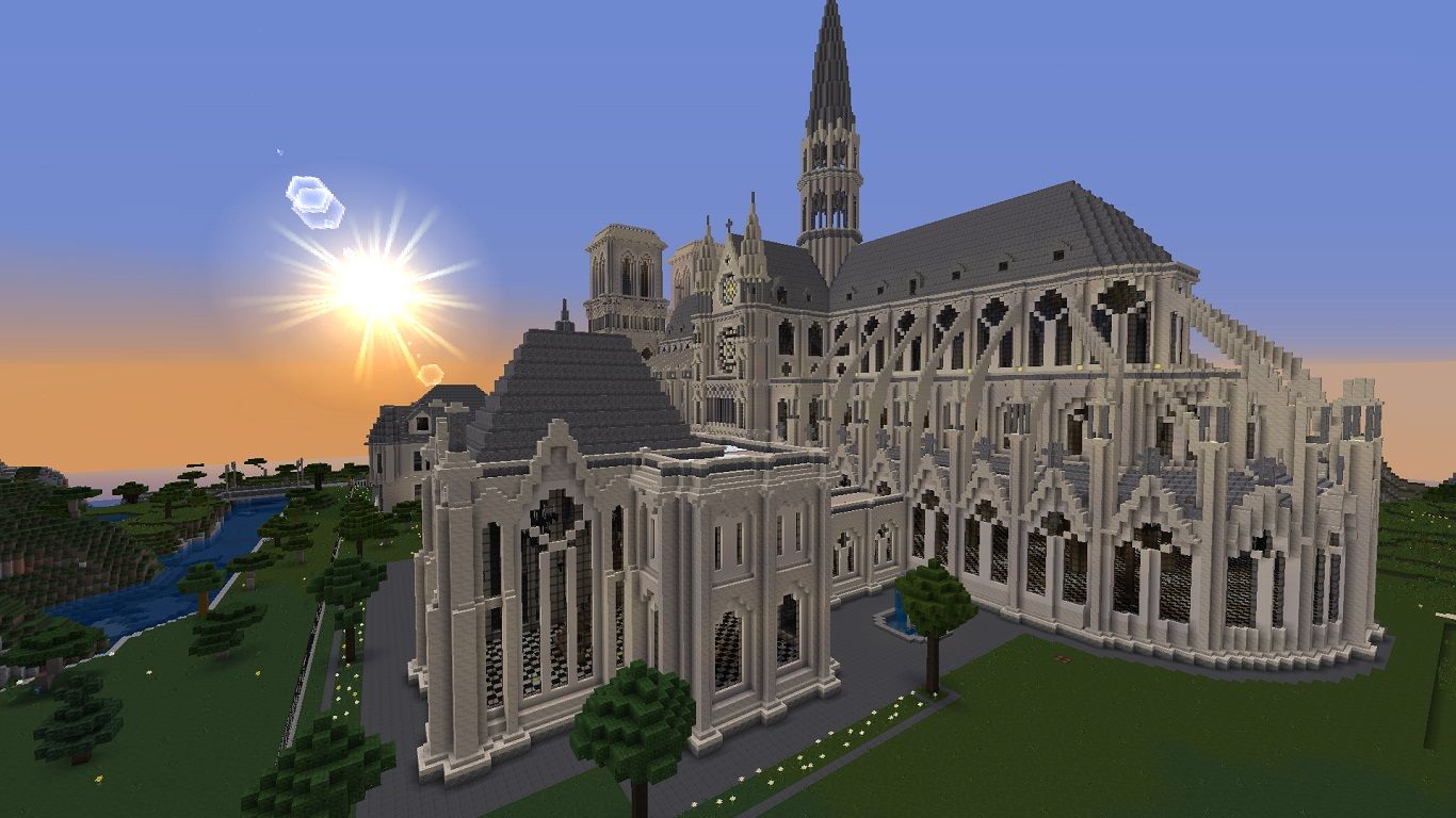 Minecraft custom map Notre Dame cathedral sunset