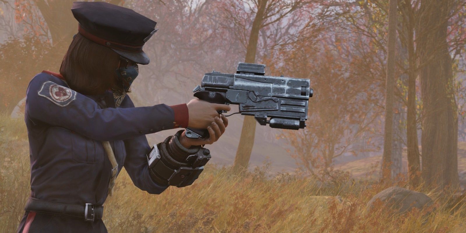 Fallout 76 character aiming a 10mm pistol