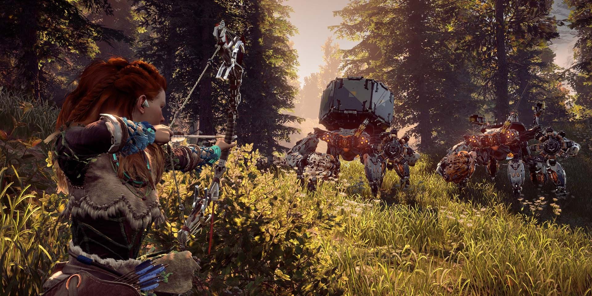 Aloy aiming her bow at an enemy in the woods of Horizon Zero Dawn