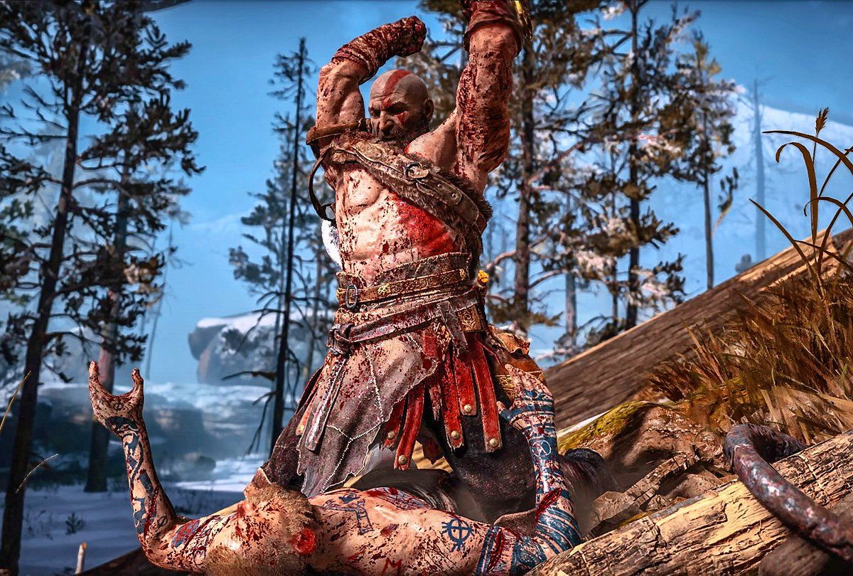 Kratos about to hit Baldur with both fists 