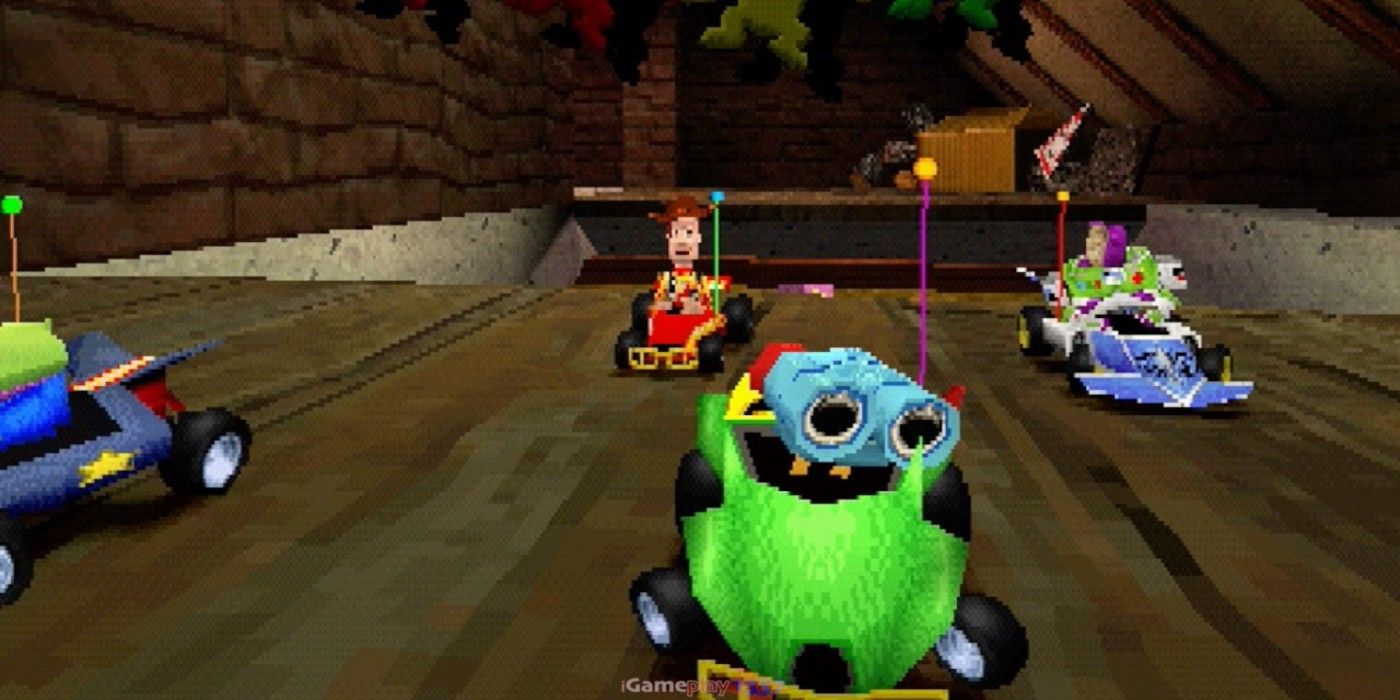 Woody and Buzz racing behind RC in Toy Story Racer
