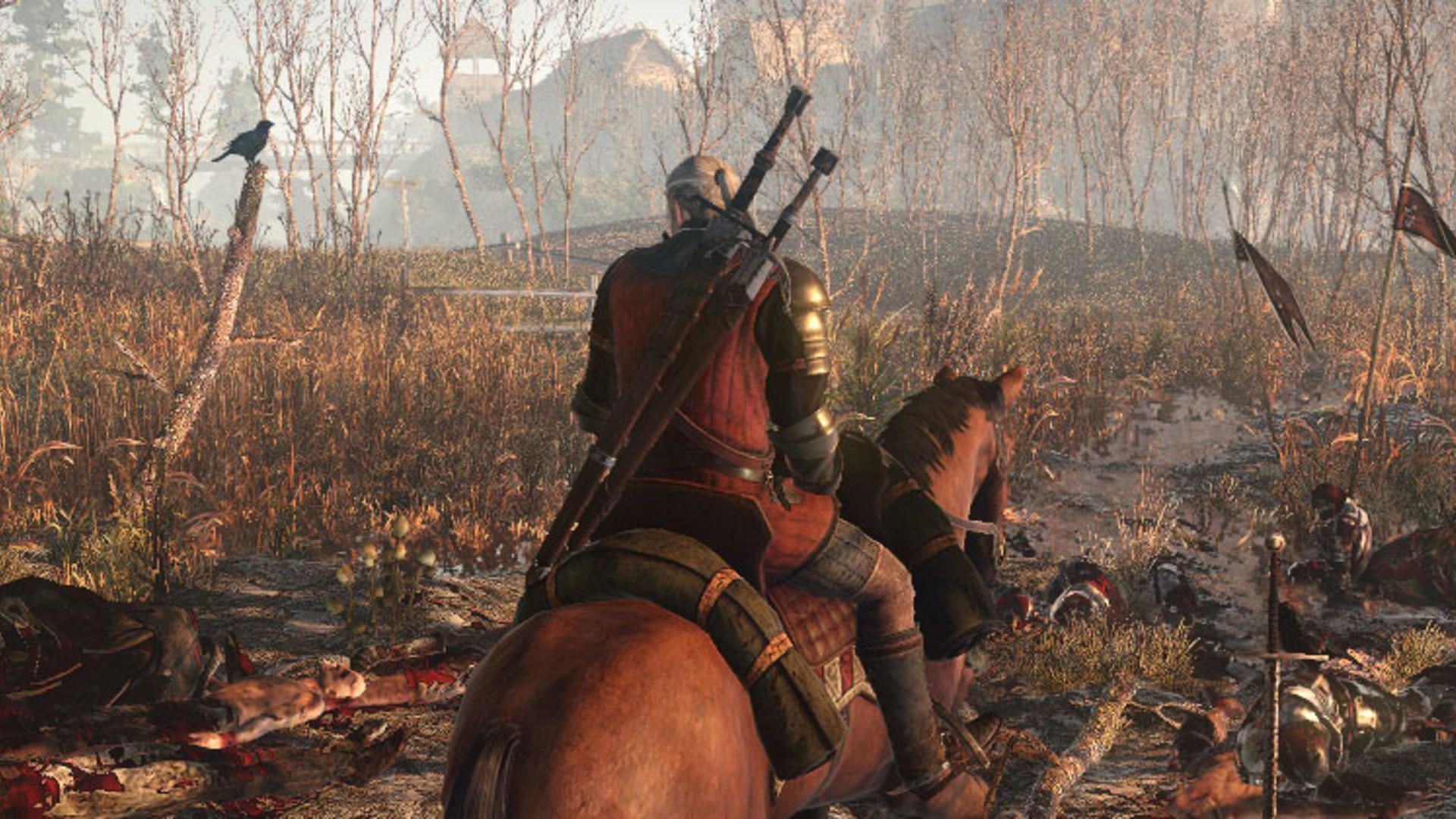 Geralt of Rivia riding through a corpse-ridden battlefield