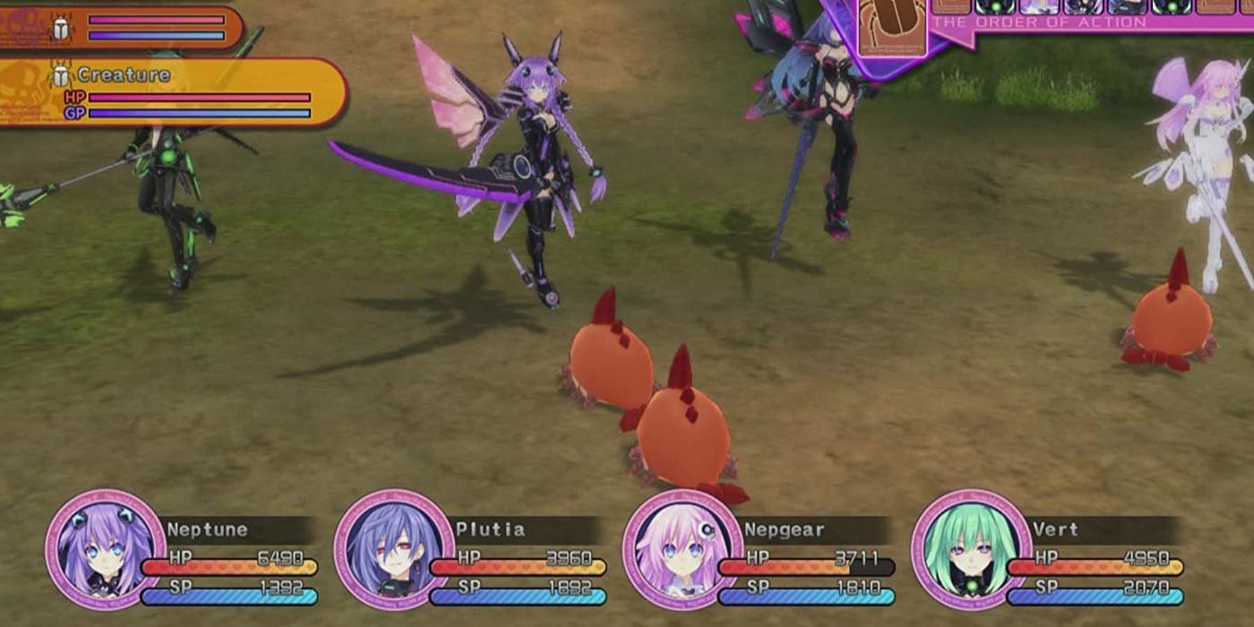 Hyperdimension Neptunia Victory party fighting small fish-like enemies