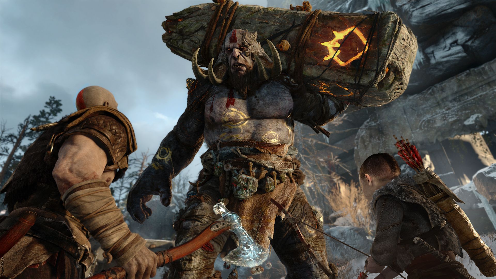 Kratos and Atreus confront a troll in God of War