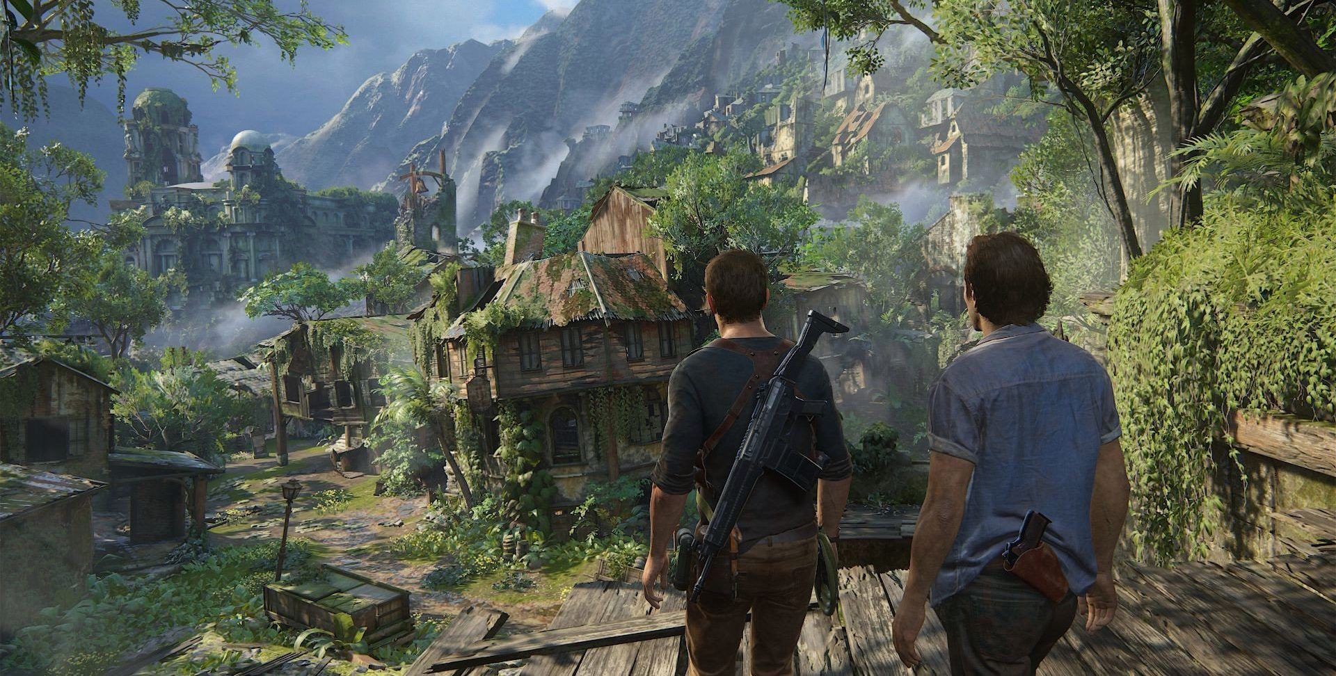 Nathan Drake and his brother approaching jungle ruins in Uncharted 4