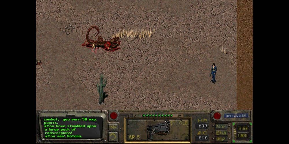Original Fallout game screen showing radscorpion and player in the desert