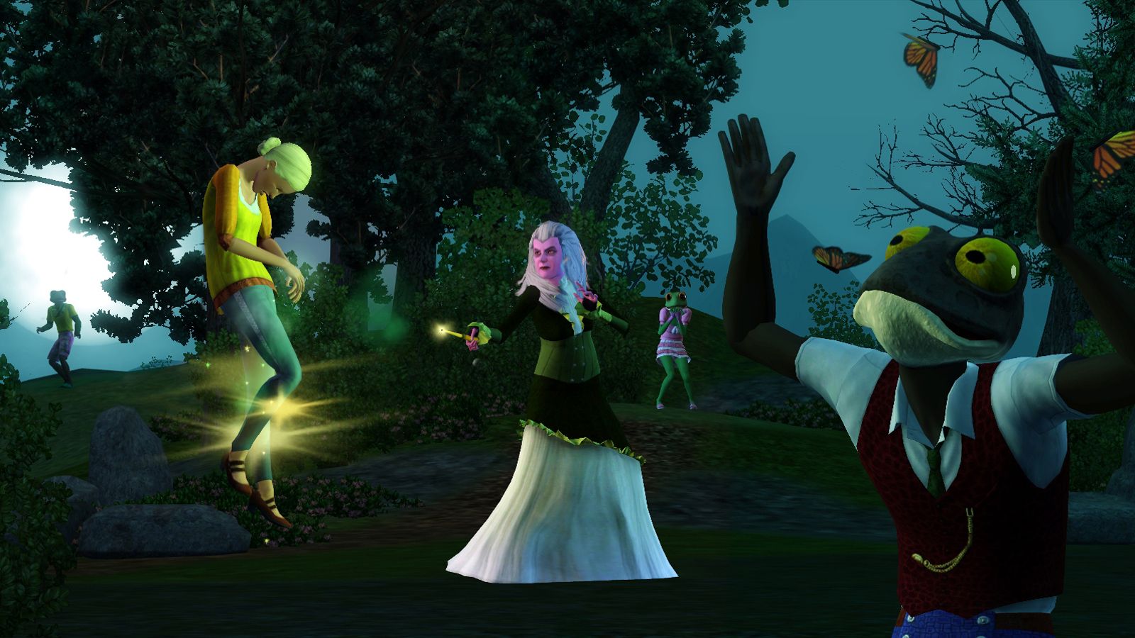 A witch casts a spell on an unsuspecting Sim, while another looks frightened after being turned into a toad