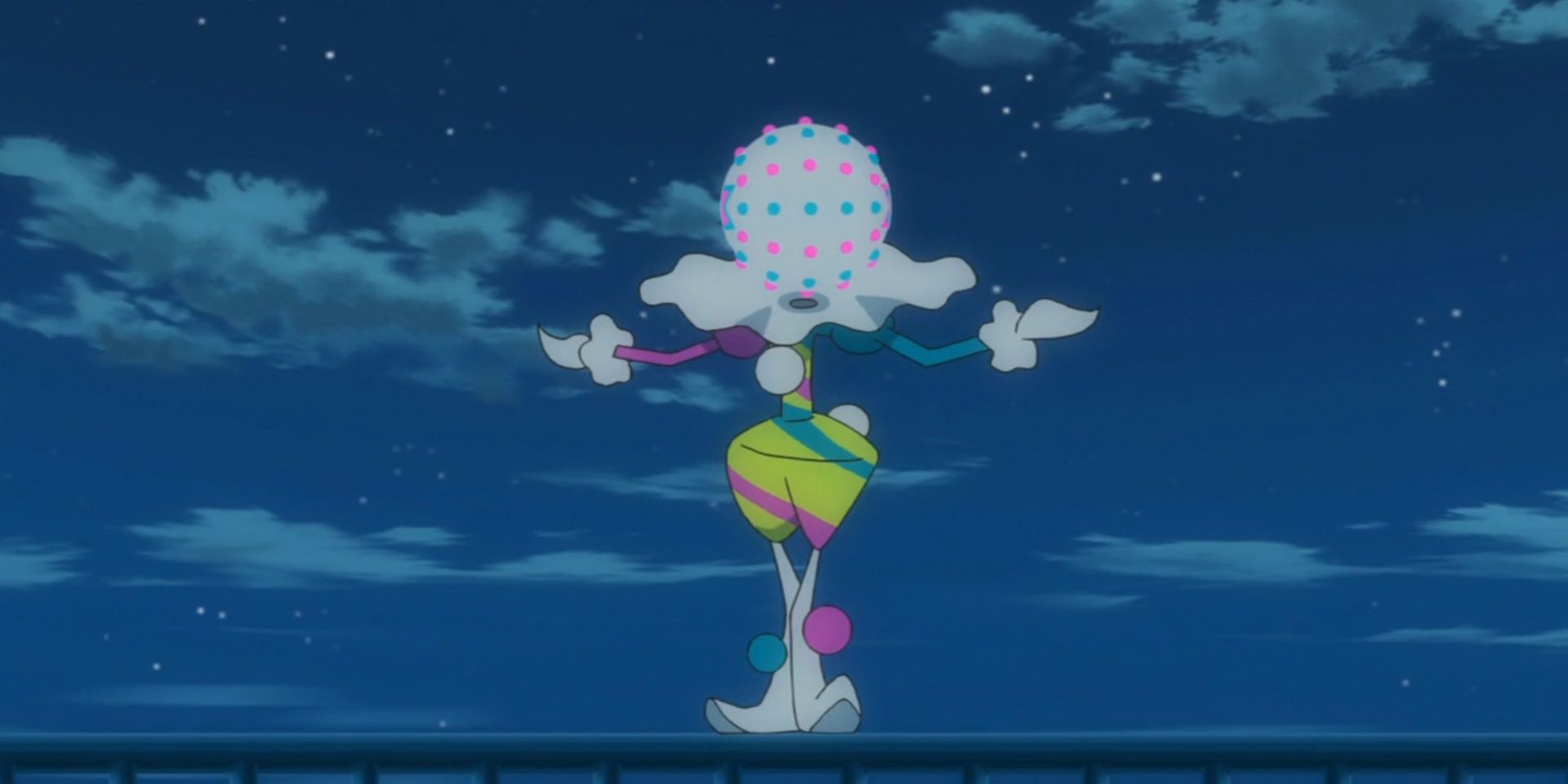 Blacephalon standing with its arms outstretched in the Pokemon anime.