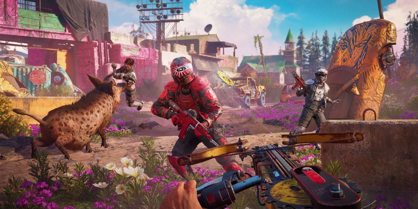 Far Cry New Dawn screenshot of player with a colorful crossbow aiming at enemies.
