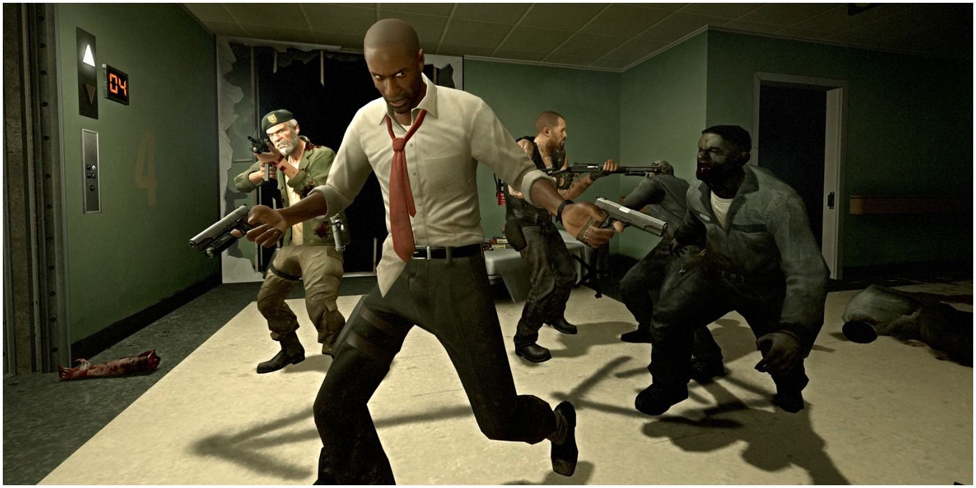 An image from Left 4 Dead 2 showing zombies, Francis, Louis, and Bill