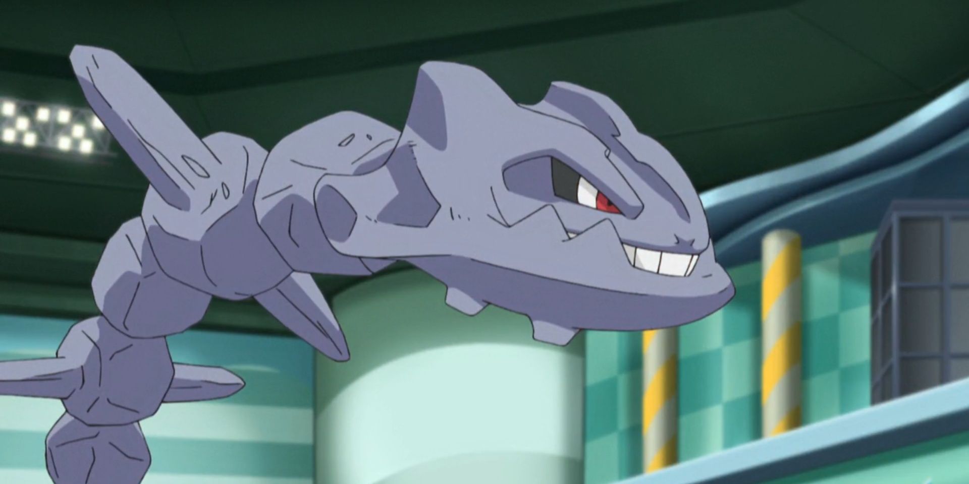 A Steelix ready for battle in the Pokemon anime.