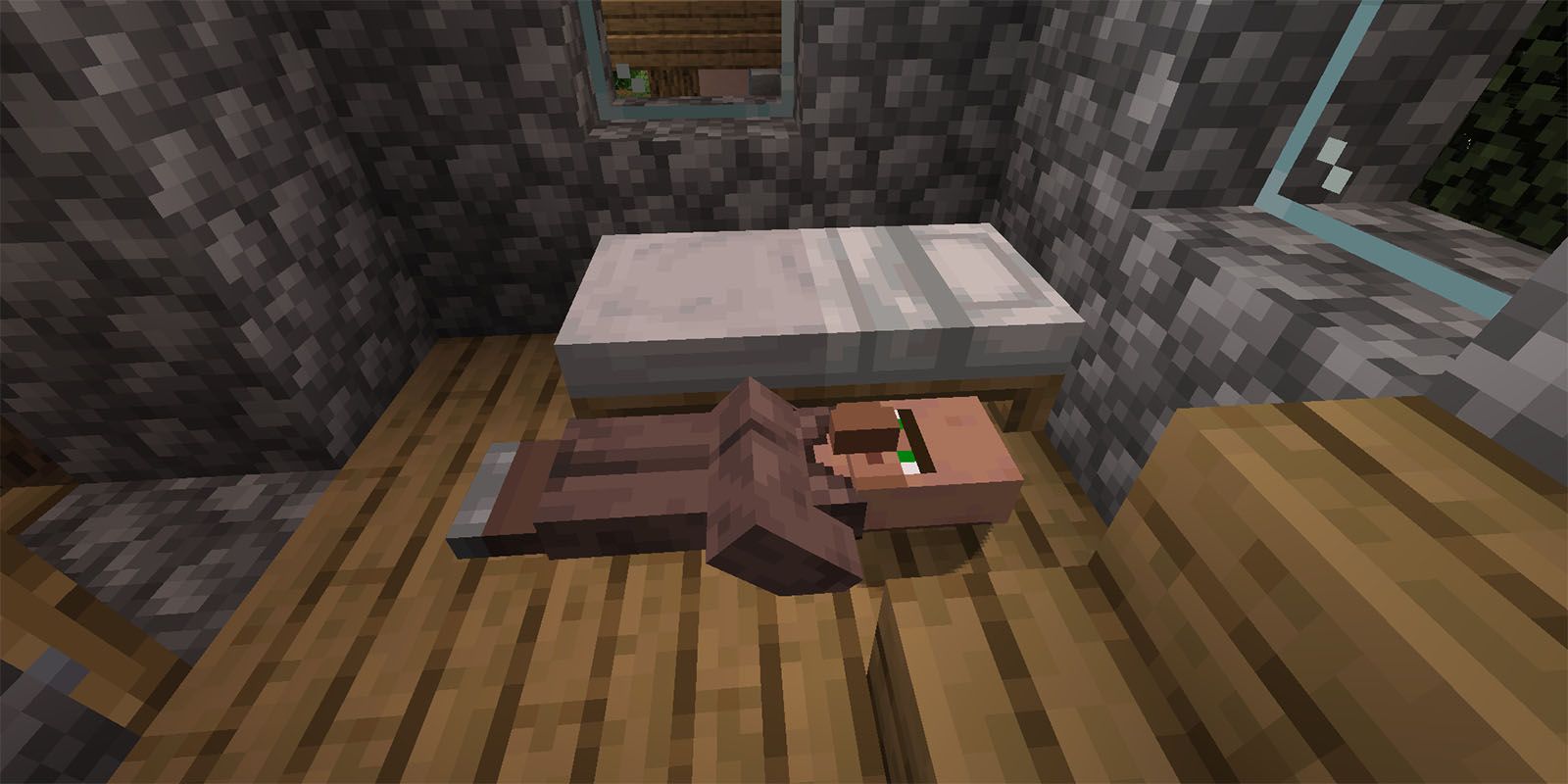 Villager sleeping next to a bed in Minecraft