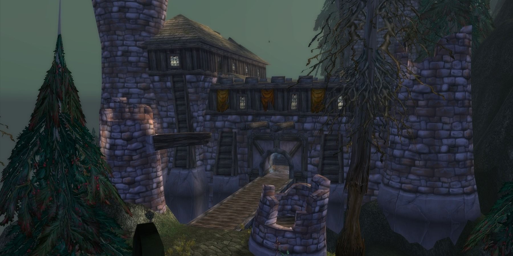Shadowfang Keep exterior shot of bridge and entrance