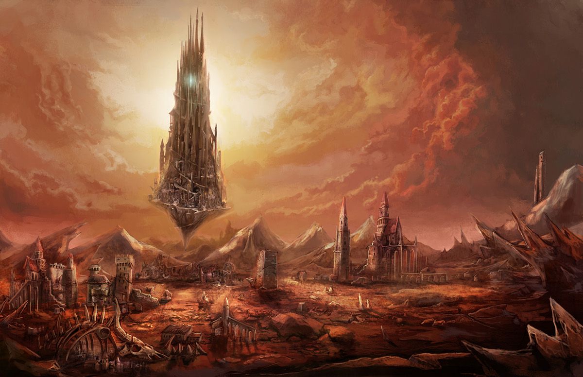 Art featuring a massive floating castle hovering above a barren wasteland.