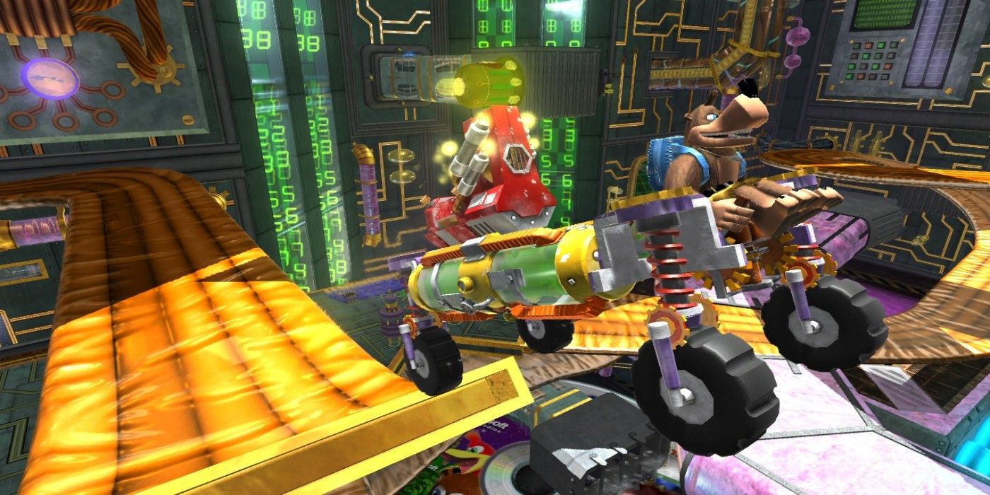 Banjo driving a player creation in a technological area in Banjo & Kazooie: Nuts And Bolts.