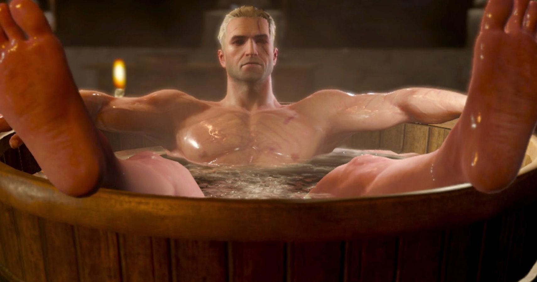 Geralt Bathtub Scene, visible feet, face and chest as he relaxes in a large tub.
