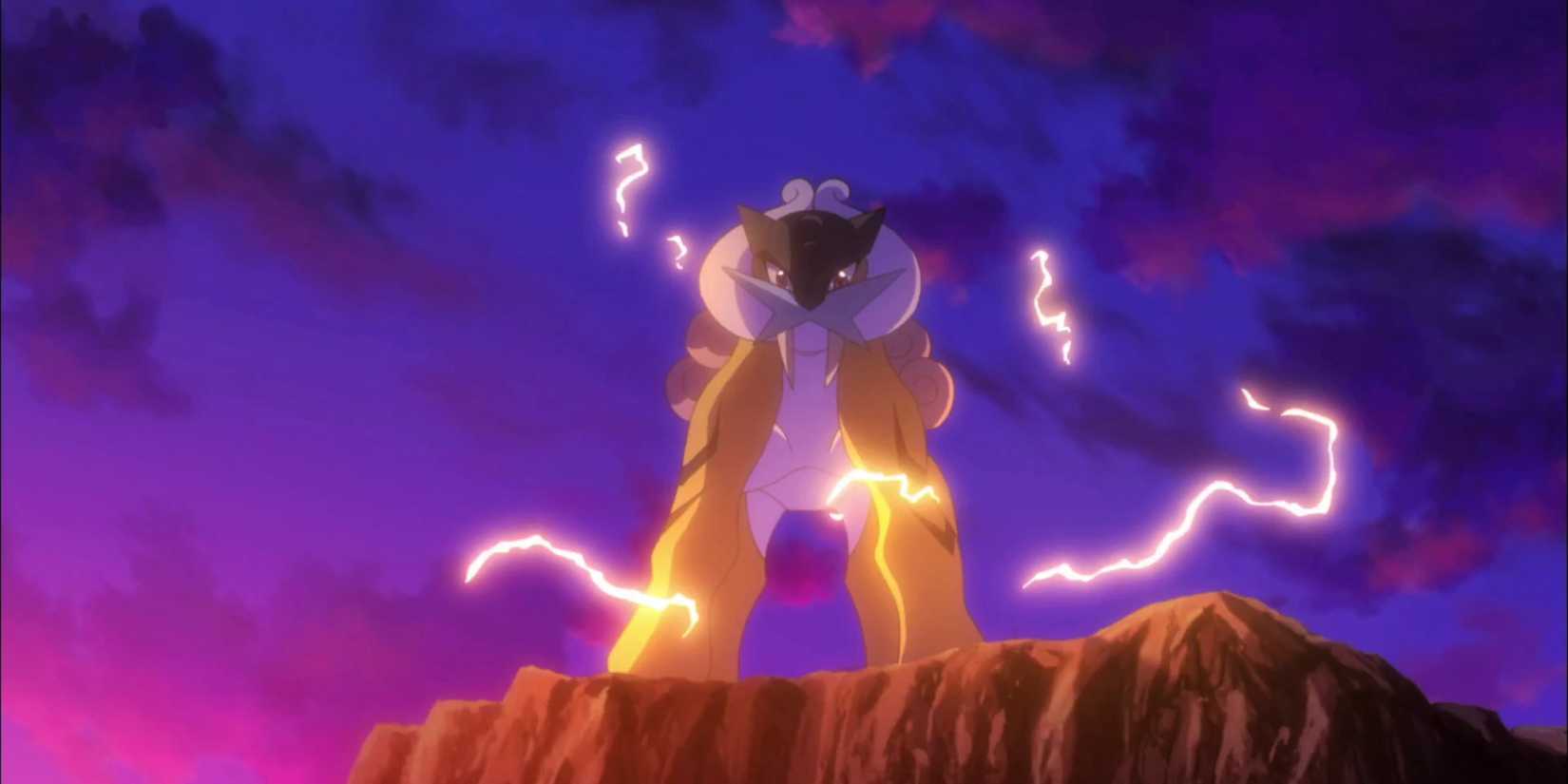 Raikou Sparking Electricity on a Mountaintop in the Pokemon anime.
