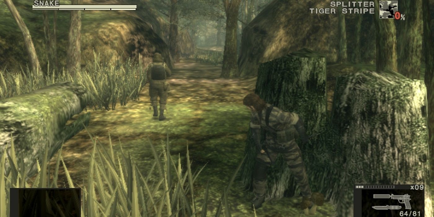 Snake eater game play snake hiding behind a tree