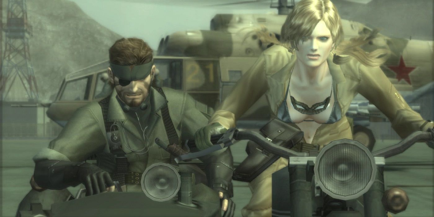 Snake eater snake and eva on a motorcycle running from the shaghod
