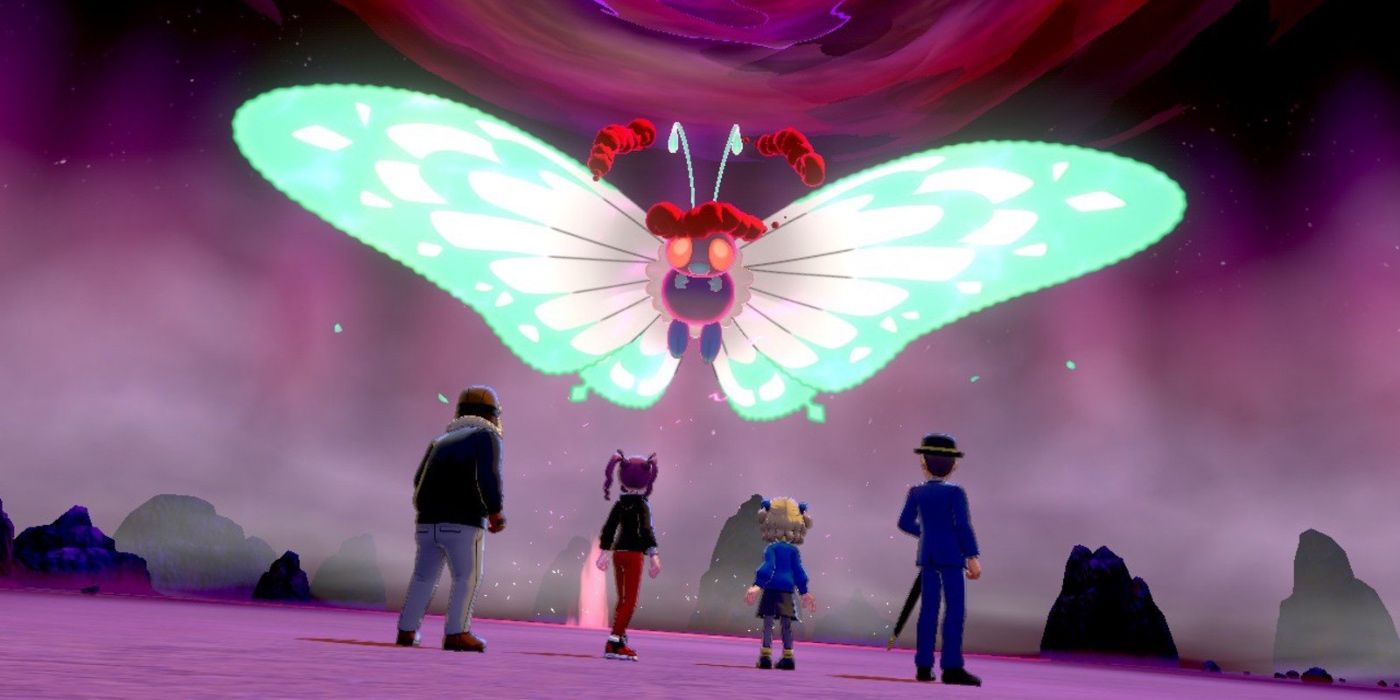 Gigantamax Butterfree flying in front of four trainers