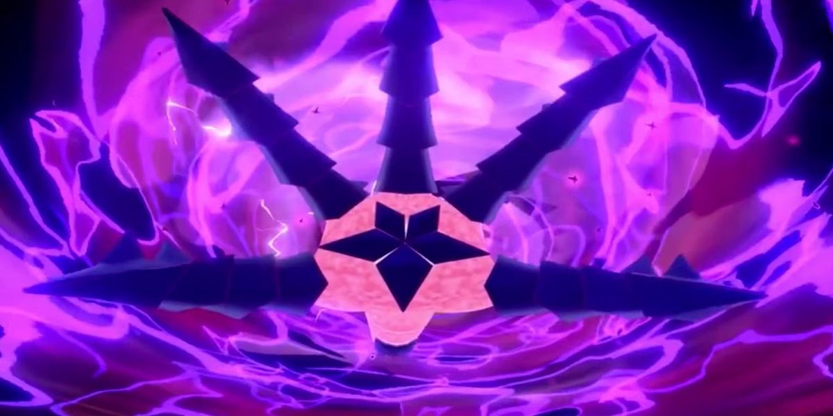 The Pokemon Eternatus uses its signature move, Eternabeam. Large dark purple tenctacles can be seen, as well as dangerous purple aura energy.