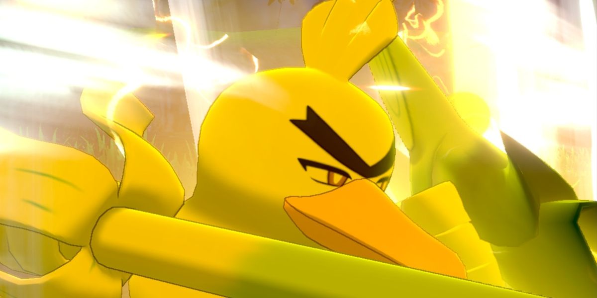 A close-up of Sirfetch'd using the move Meteor Assault in Pokemon Sword and Shield. It is glowing yellow and brandishing its weapon.
