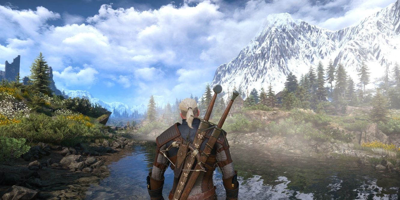 Geralt standing in front of Skellige in The Witcher 3