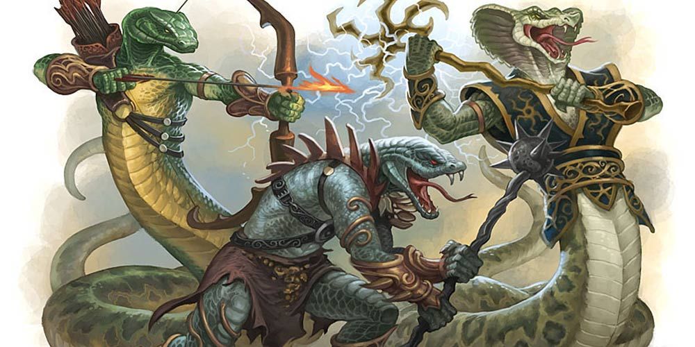 three yuan ti wielding weapons