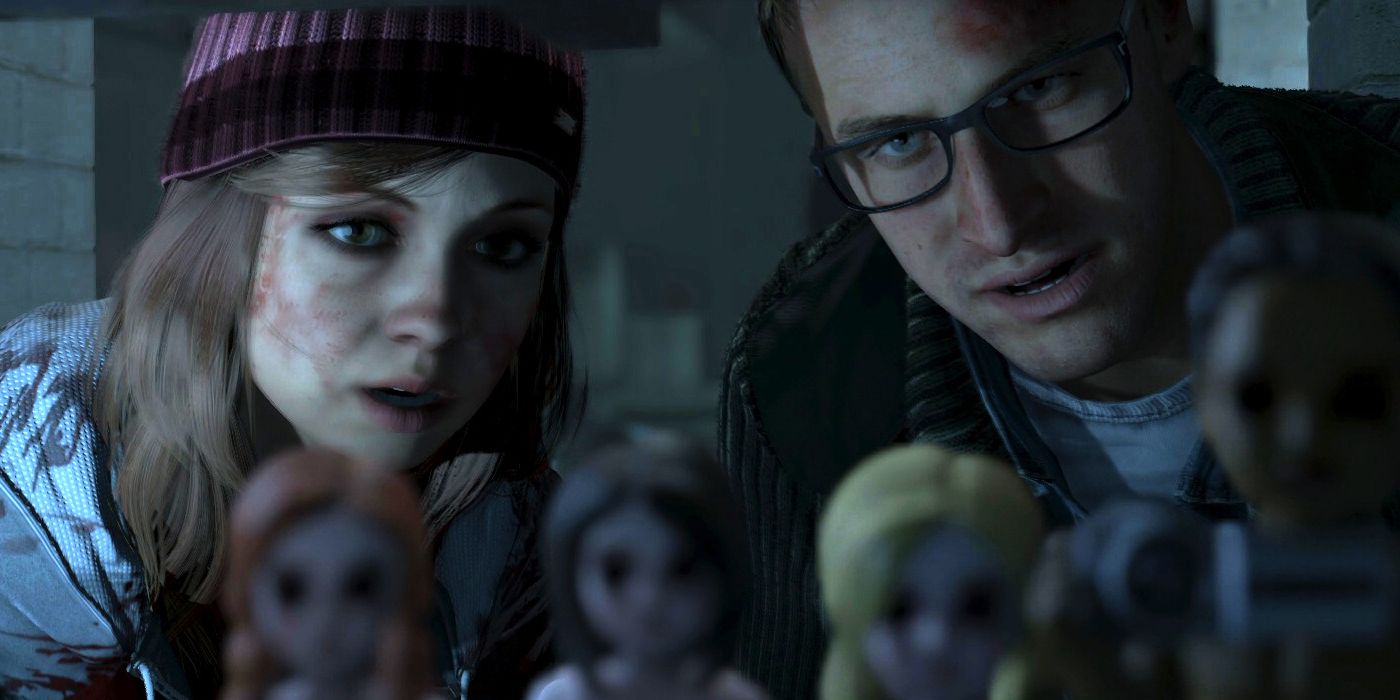 Until Dawn close up of characters looking at some dolls