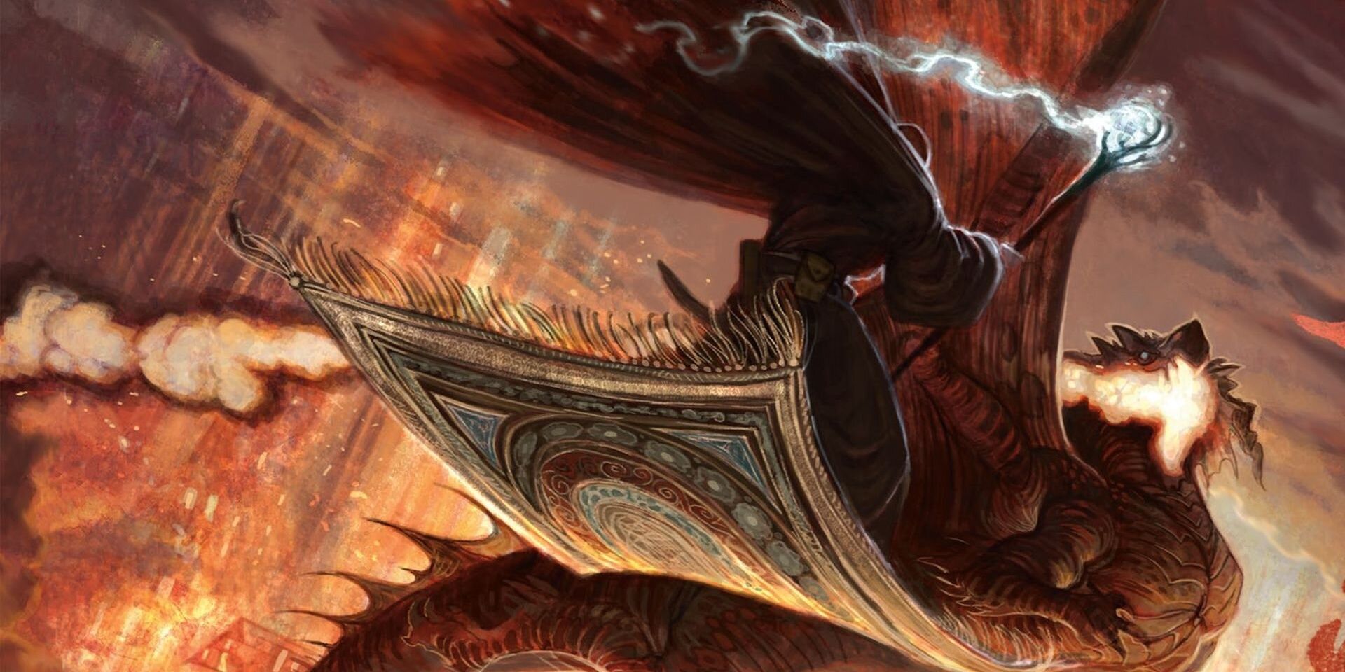 staff wizard flies on carpet before dragon Cropped