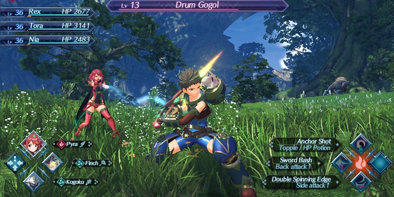 a shot of Rex from Xenoblade Chronicles 2 standing in a grassy field with Pyra stood behind him and trees off in the distance