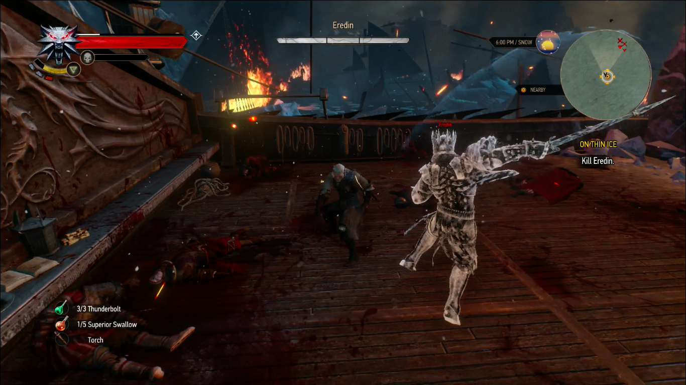Eredin covered by ice armor while battling it out with Geralt