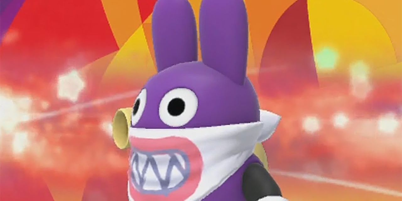 Nabbit, a purple rabbit creature from Super Mario, stares ahead blankly.