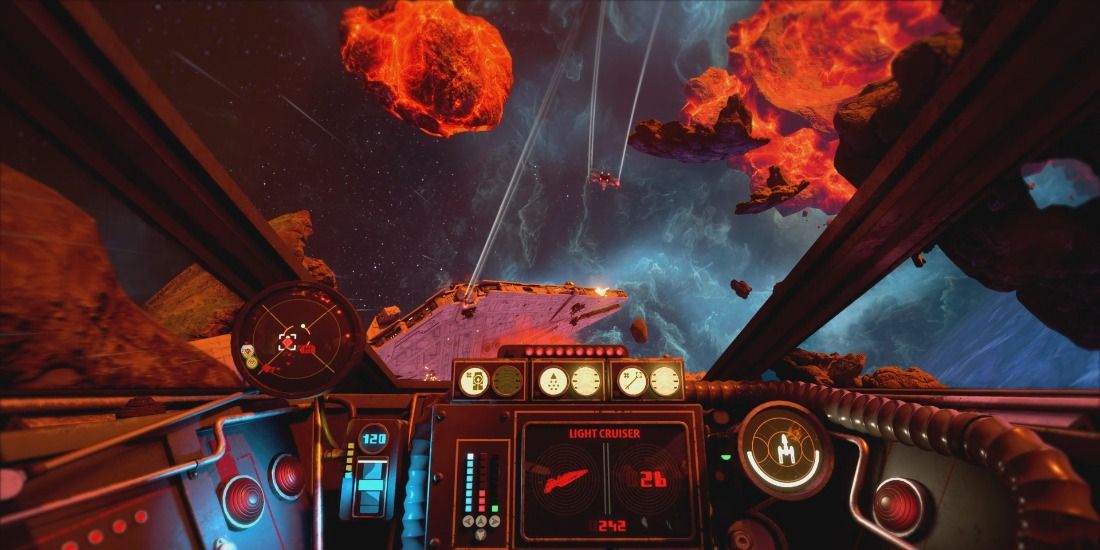 Flying an X-Wing in Star Wars Squadron towards an Imperial Cruiser