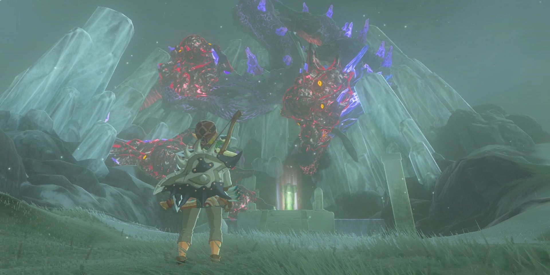 Link facing the dragon at the spring of wisdom in BOTW