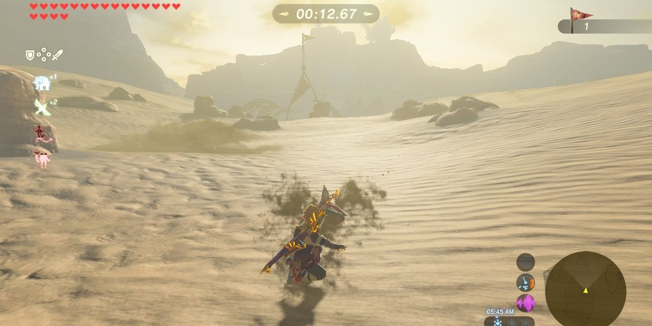 Link riding a sand seal in the desert in BOTW