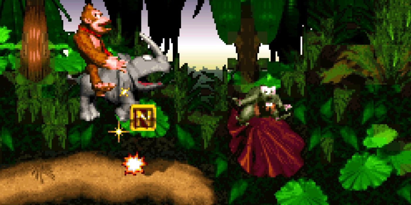 Donkey Kong Country Donkey Kong rushing through jungle stage with Rambi rhino collecting letter