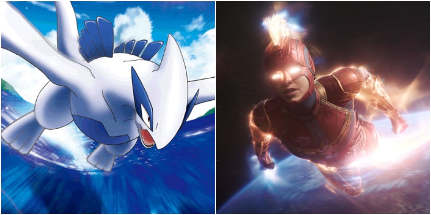 image of Lugia flying across water next to Captain Marvel in space