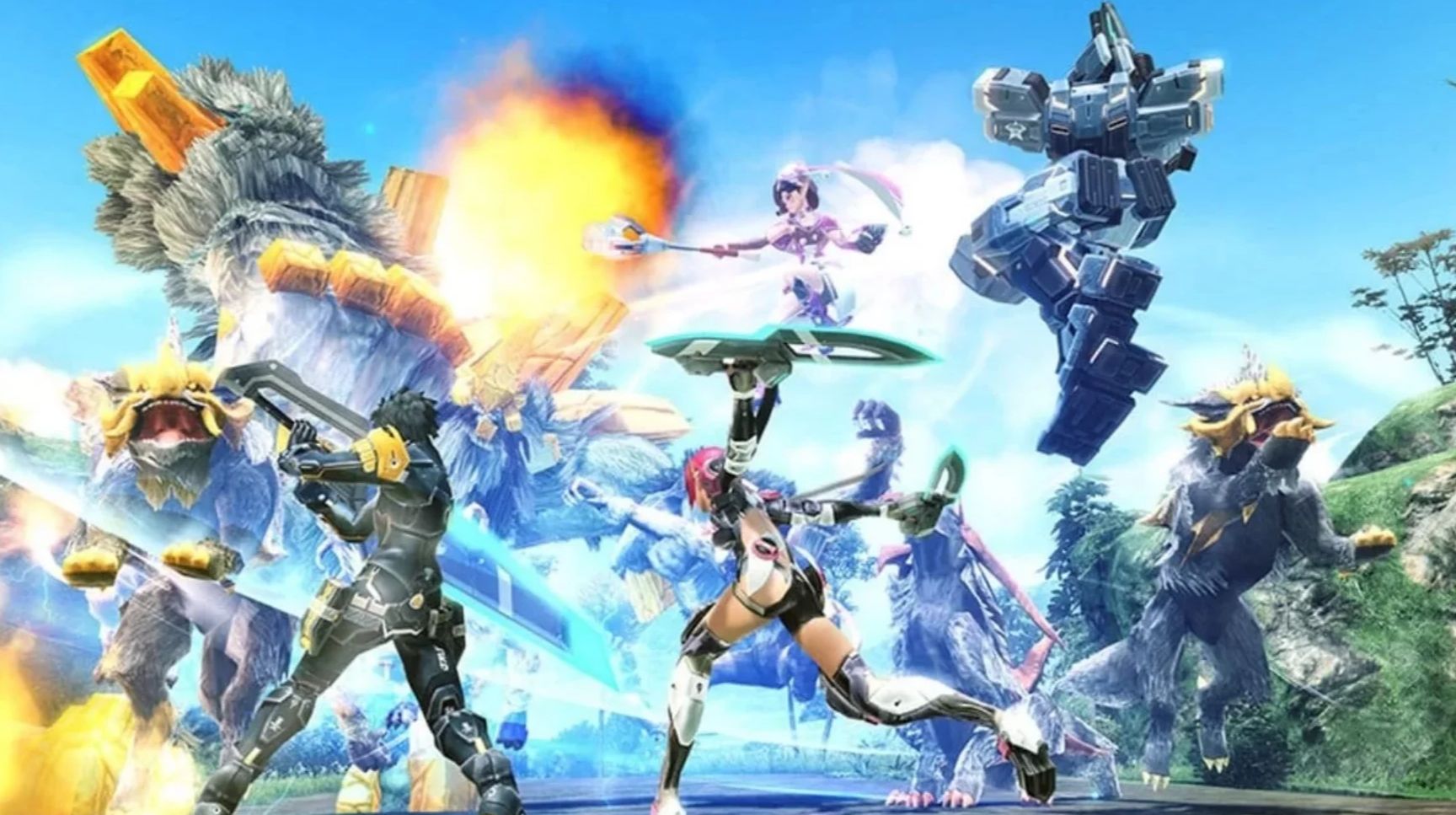 Characters from the game Phantasy Star Online 2 battling monsters.
