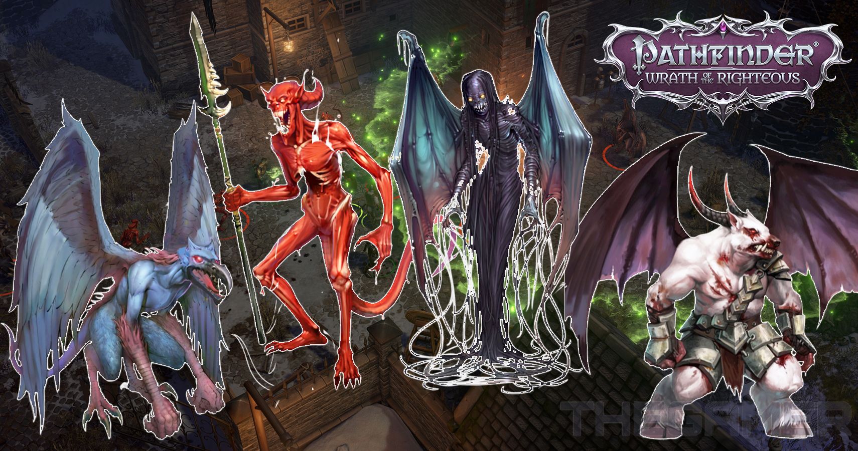Pathfinder: Wrath of the Righteous characters superimposed on a gameplay still.