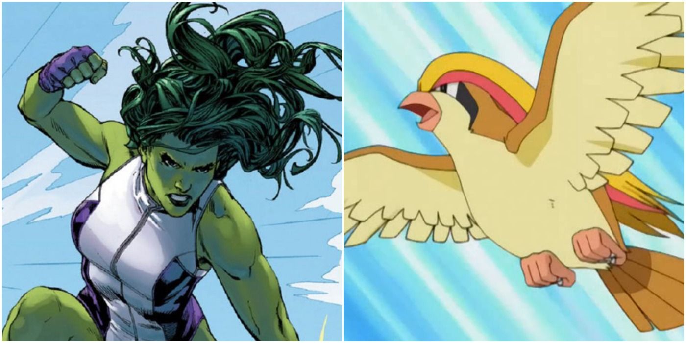 image of She-Hulk next to an image of a flying Pidgeot
