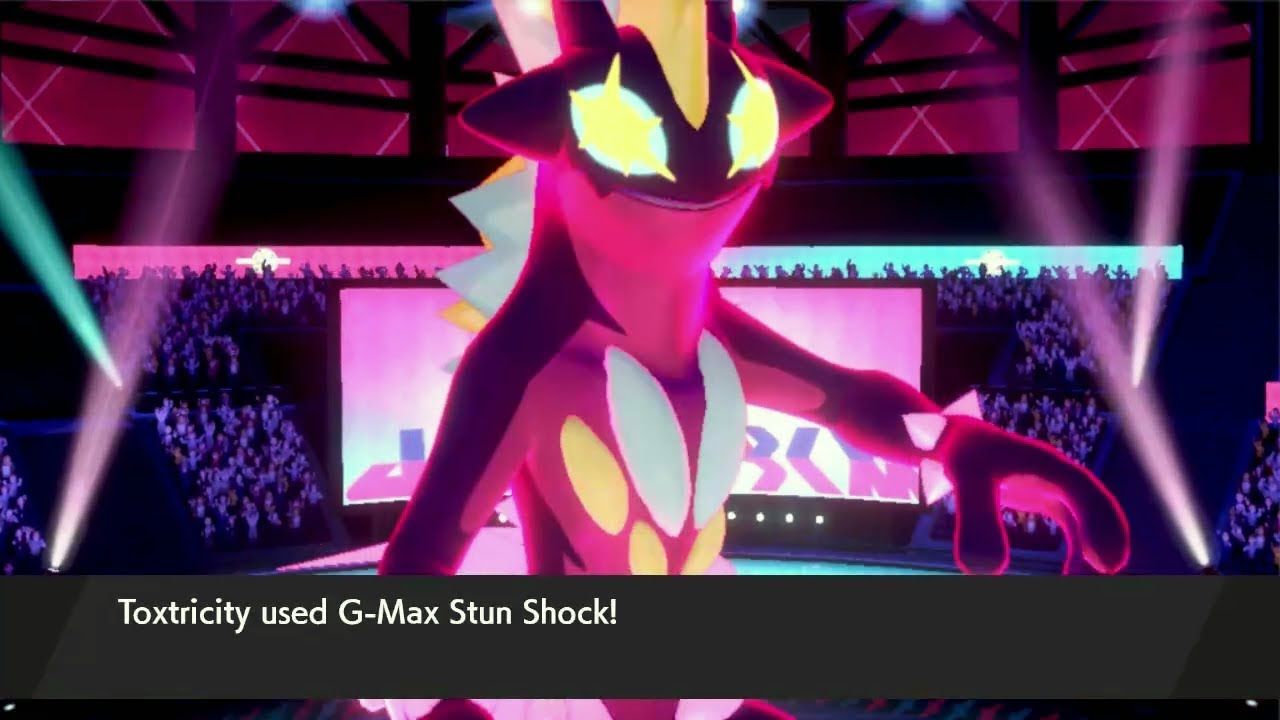 Gigantimax Toxtricity about to use G-Max Stun Shock.